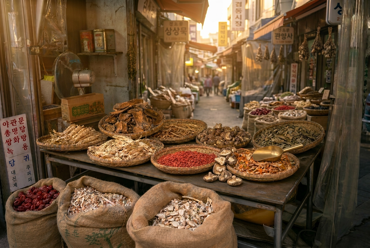 Traditional Korean herbal market alley at golden hour